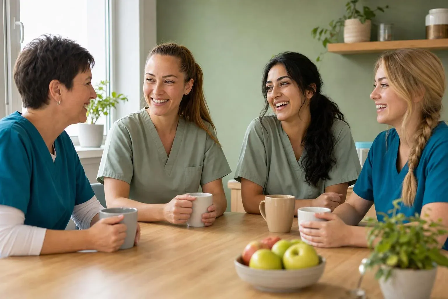 Vier Medizinische Fachangestellte lachen gemeinsam in der Kaffeepause