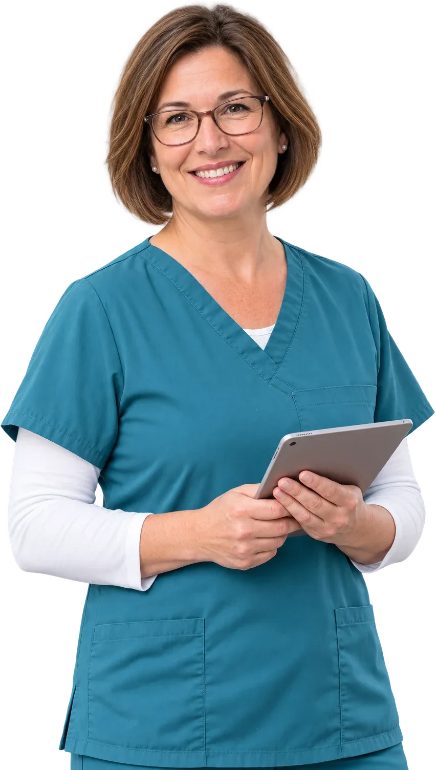 Praxismanagerin Sabine Kessler mit einem Tablet