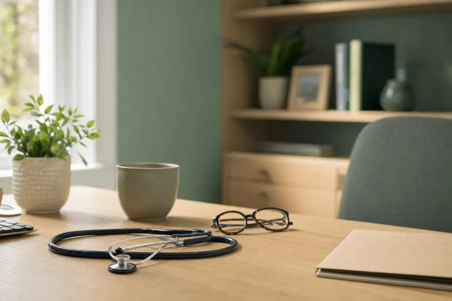 Stethoskop, Lesebrille und Patientenmappe auf einem Schreibtisch