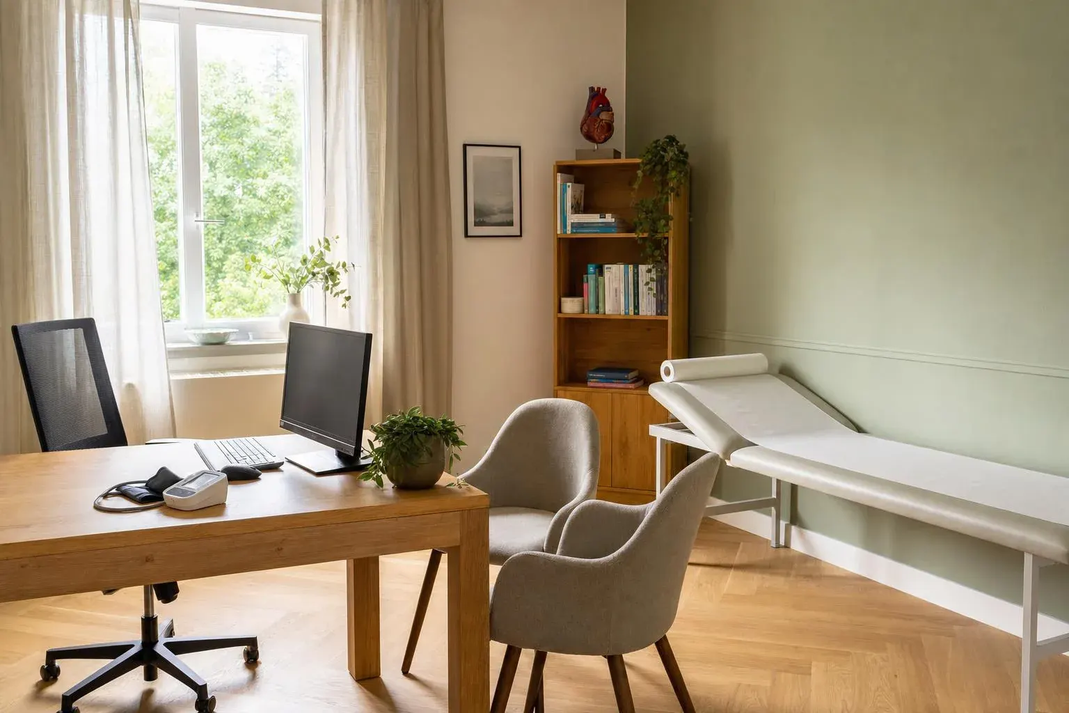 Sprechzimmer mit Schreibtisch, Stühlen und Untersuchungsliege
