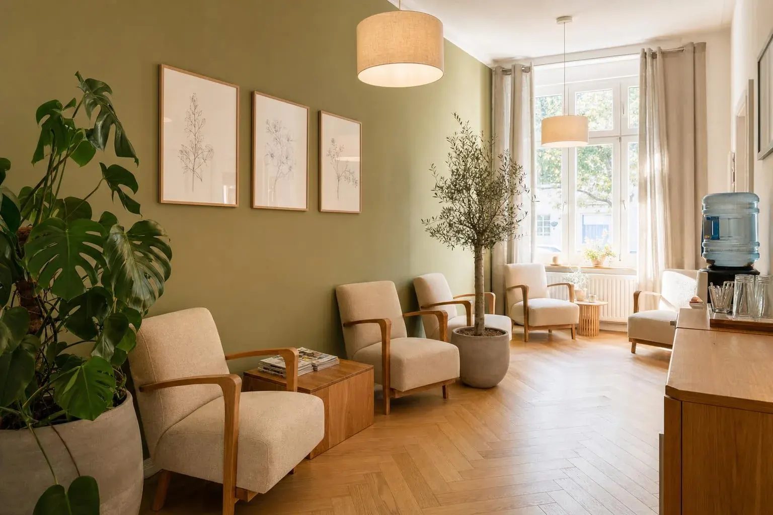 Wartezimmer mit Sesseln, Pflanzen und salbeigrüner Wand