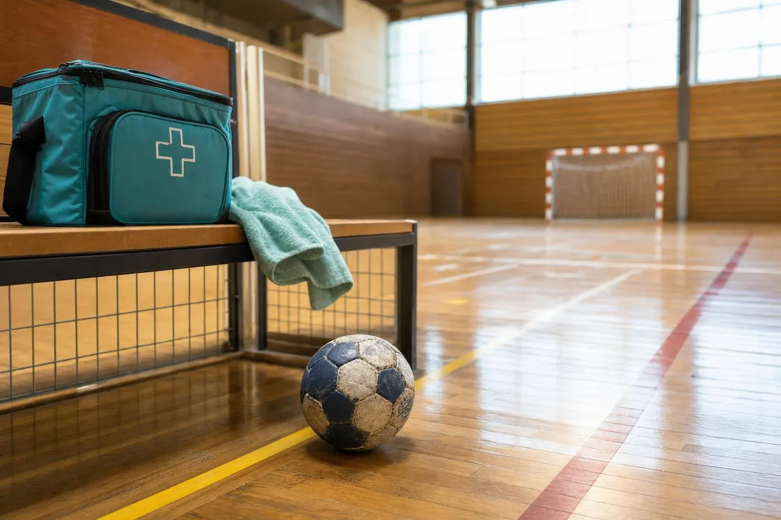Handball und Sanitätstasche auf dem Boden einer Sporthalle