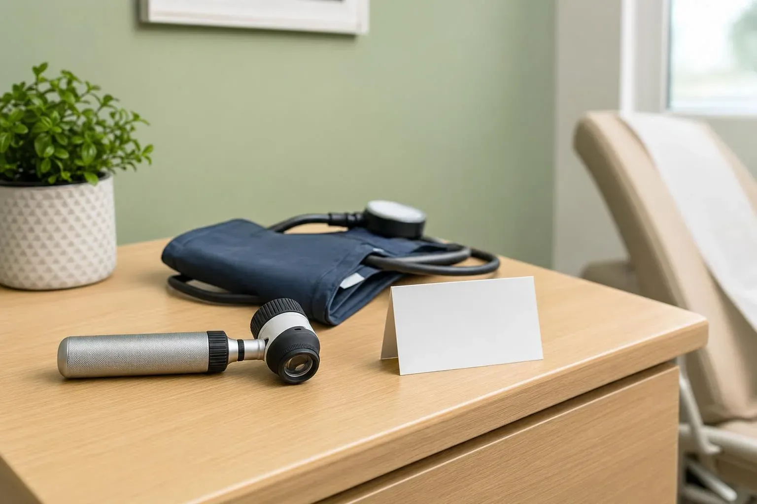 Dermatoskop und Blutdruckmanschette auf einem Tisch im Sprechzimmer